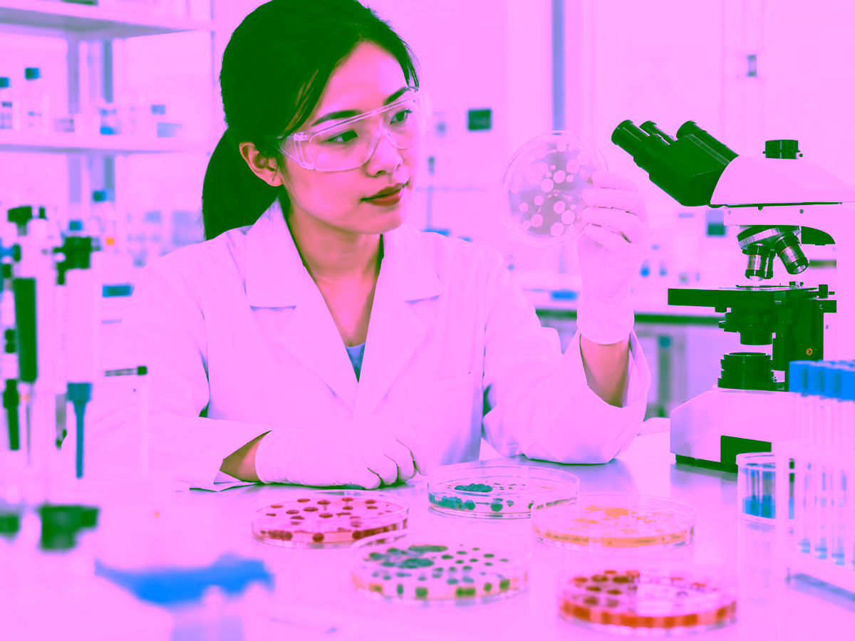Nhà nghiên cứu quan sát khuẩn lạc trong phòng thí nghiệm