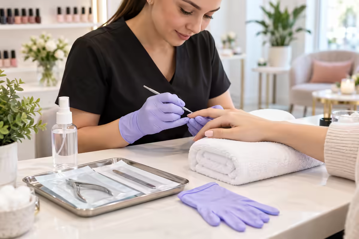Cảnh làm móng với găng tay, khay dụng cụ đóng gói và dung dịch sát khuẩn