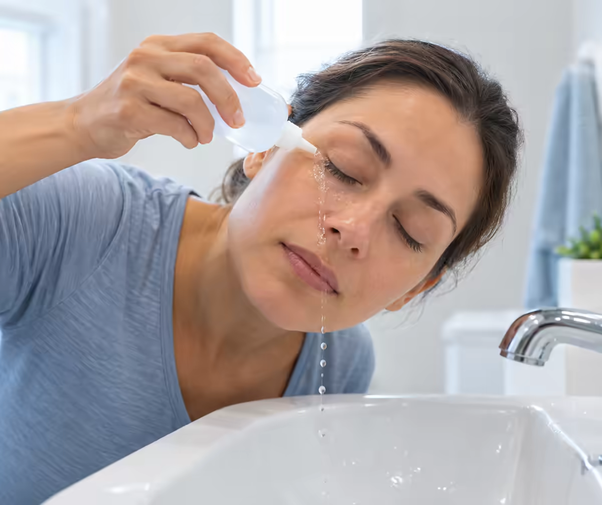 Rửa mắt bằng nước muối sinh lý để loại bỏ bụi an toàn