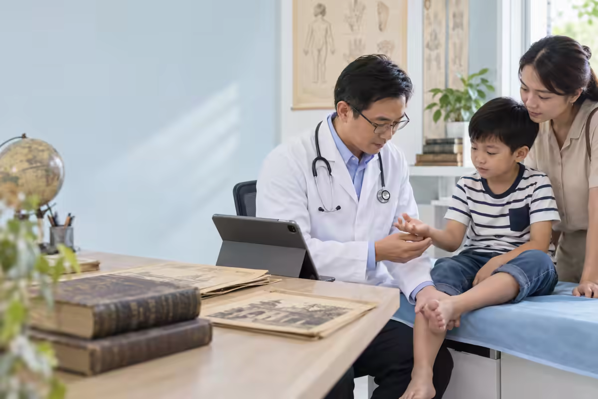 Bác sĩ nhi khoa kiểm tra tay chân của trẻ trong buổi tư vấn về bệnh tay chân miệng