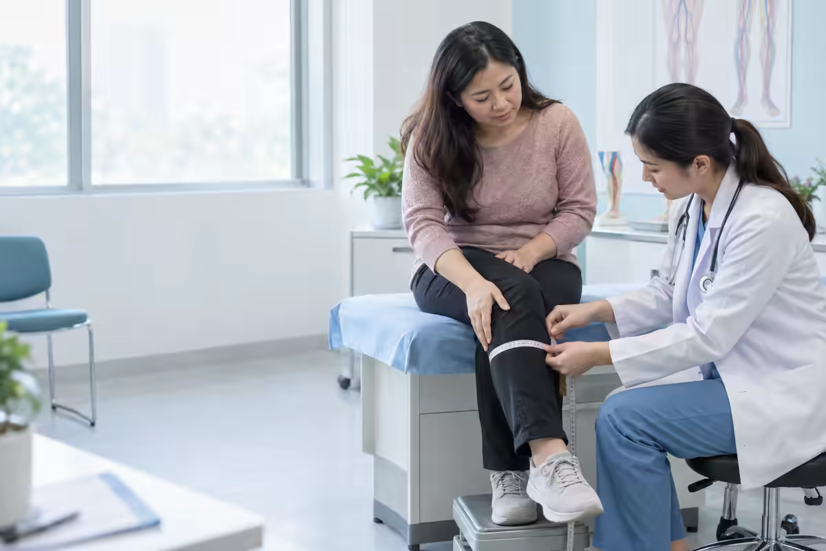 Phụ nữ được bác sĩ đo nhẹ vùng chân và tư vấn kiểm soát lipedema