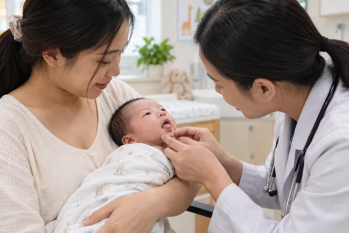 Lưỡi trẻ sơ sinh – bác sĩ nhi quan sát miệng bé trong buổi khám định kỳ