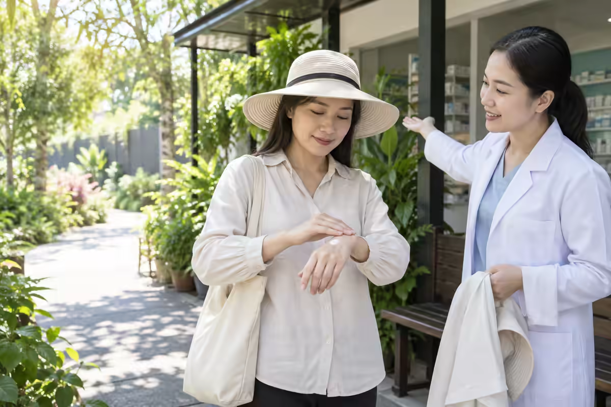Người bệnh lupus đội mũ và che chắn ánh nắng để bảo vệ da