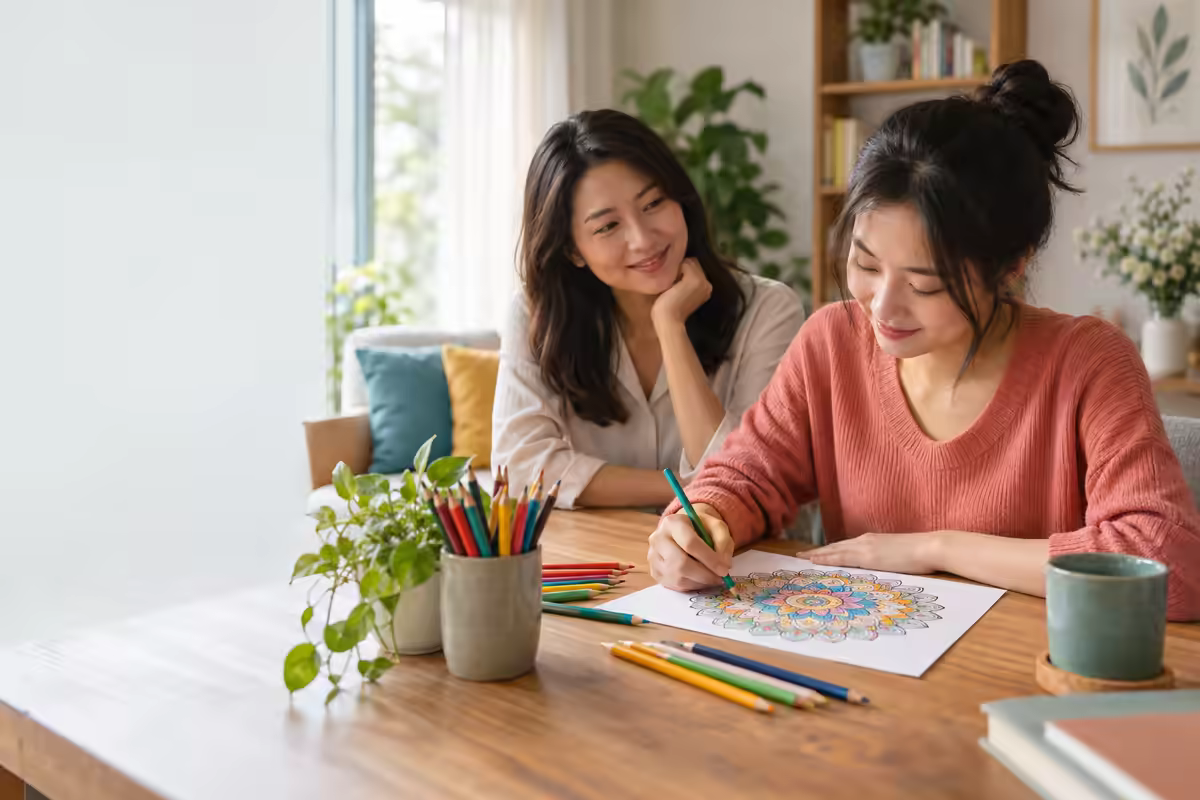 Người phụ nữ tô màu mandala trong không gian thư giãn