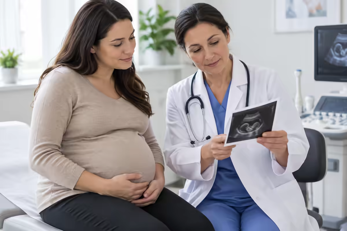 Thai phụ trao đổi với bác sĩ khi xem ảnh siêu âm