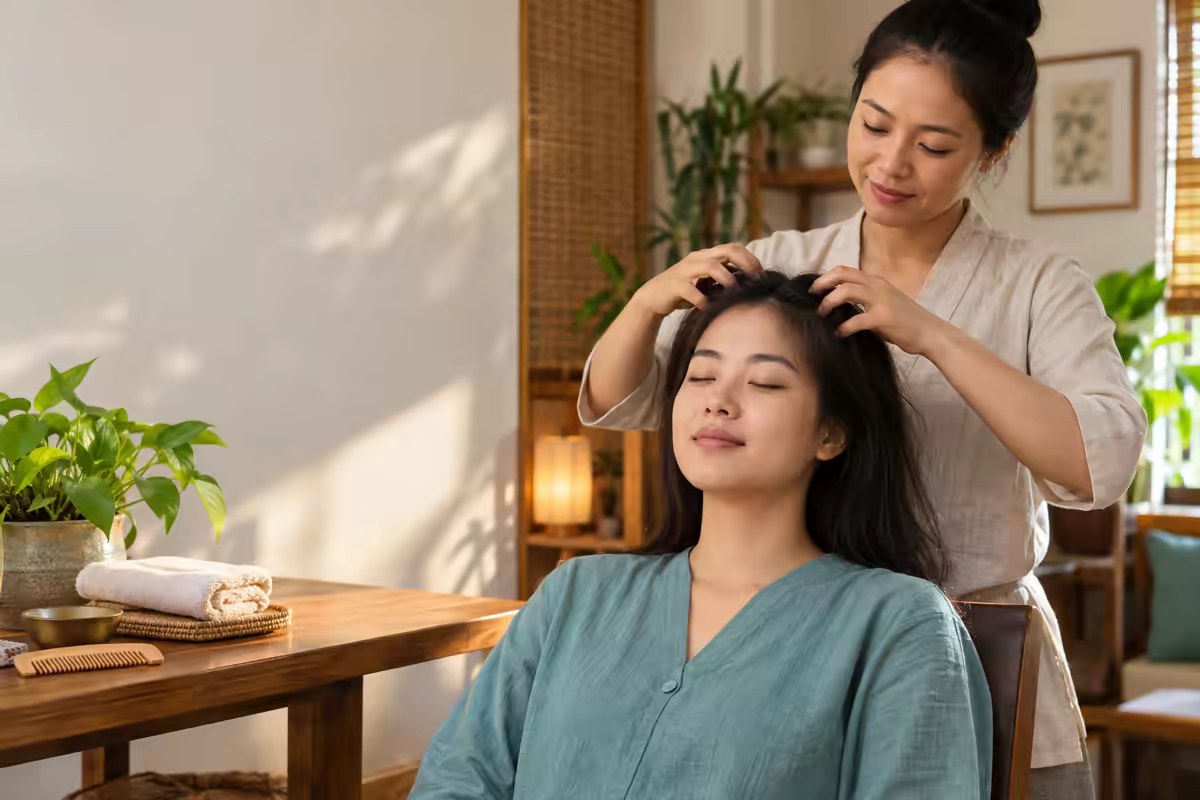 Người phụ nữ được hướng dẫn massage đầu nhẹ nhàng để thư giãn