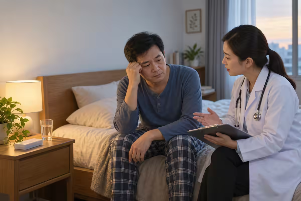 Người mất ngủ trao đổi với dược sĩ về việc không tự dùng thuốc bổ não
