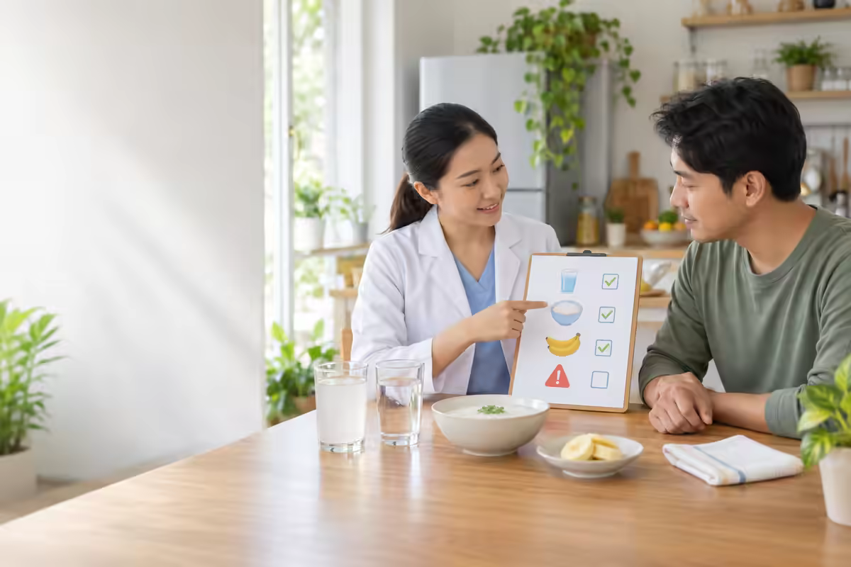 Nhân viên y tế hướng dẫn bù nước và ăn nhẹ khi đau bụng đi ngoài