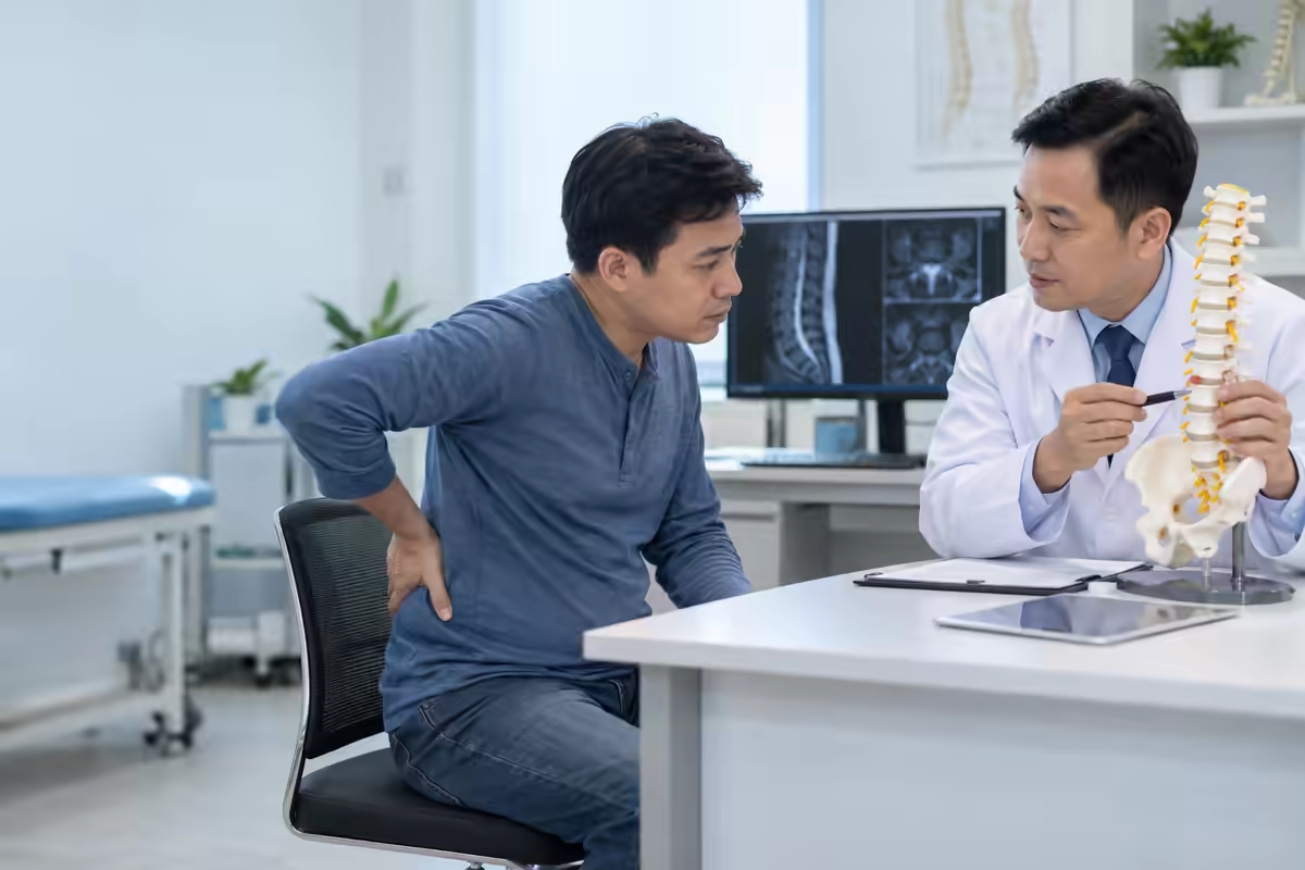 Người bệnh trao đổi với bác sĩ chấn thương chỉnh hình về phẫu thuật thoát vị đĩa đệm