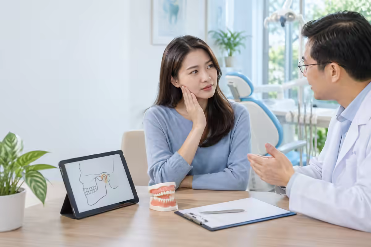 Người bệnh trao đổi với nha sĩ khi bị mỏi quai hàm