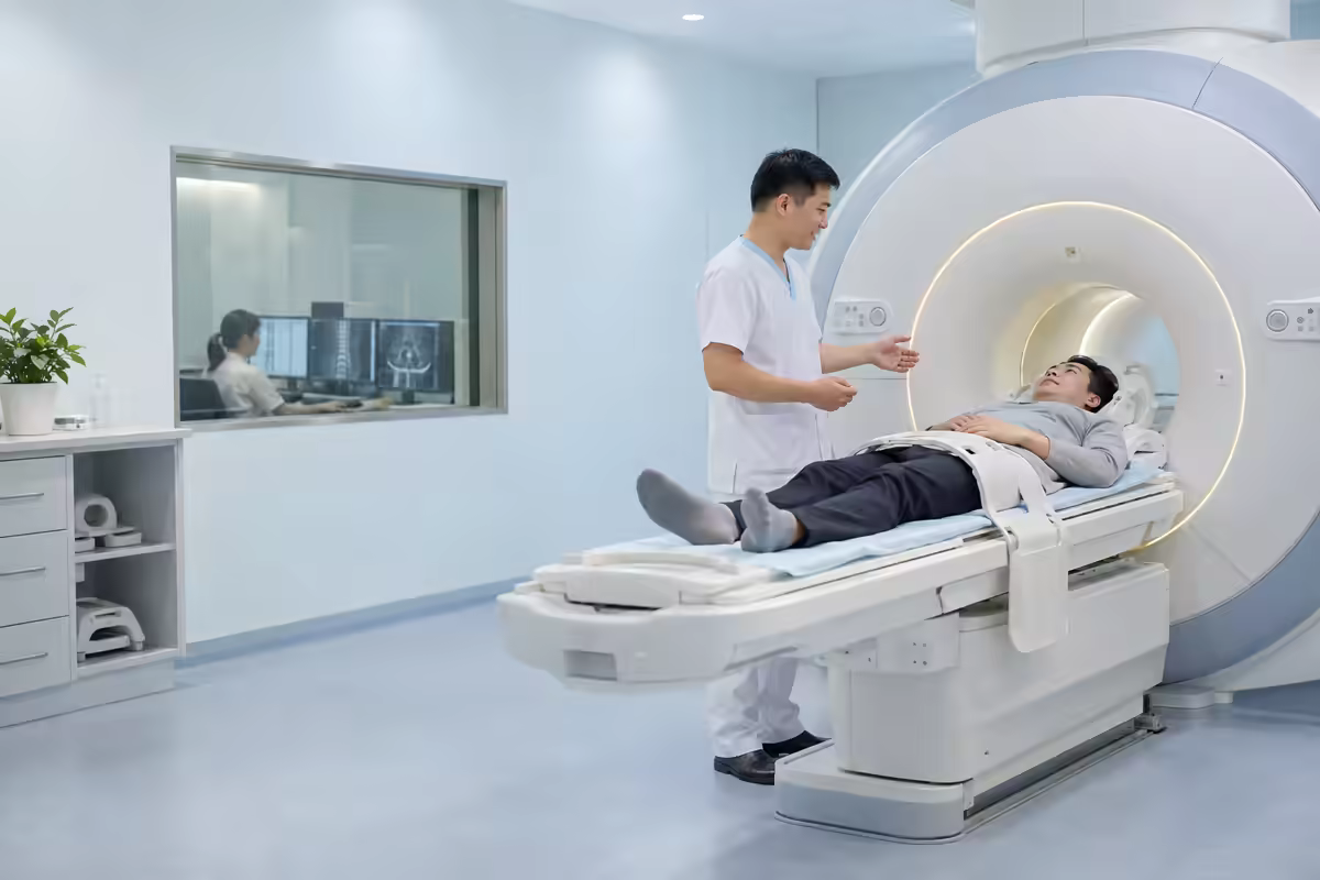 Người bệnh được kỹ thuật viên hướng dẫn chuẩn bị chụp MRI cột sống thắt lưng
