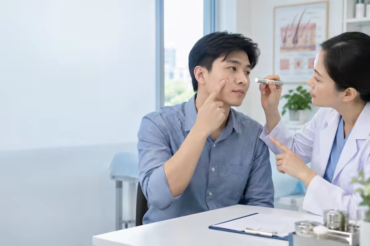 Bác sĩ da liễu kiểm tra nốt mụn đầu đinh và hướng dẫn xử lý không nặn