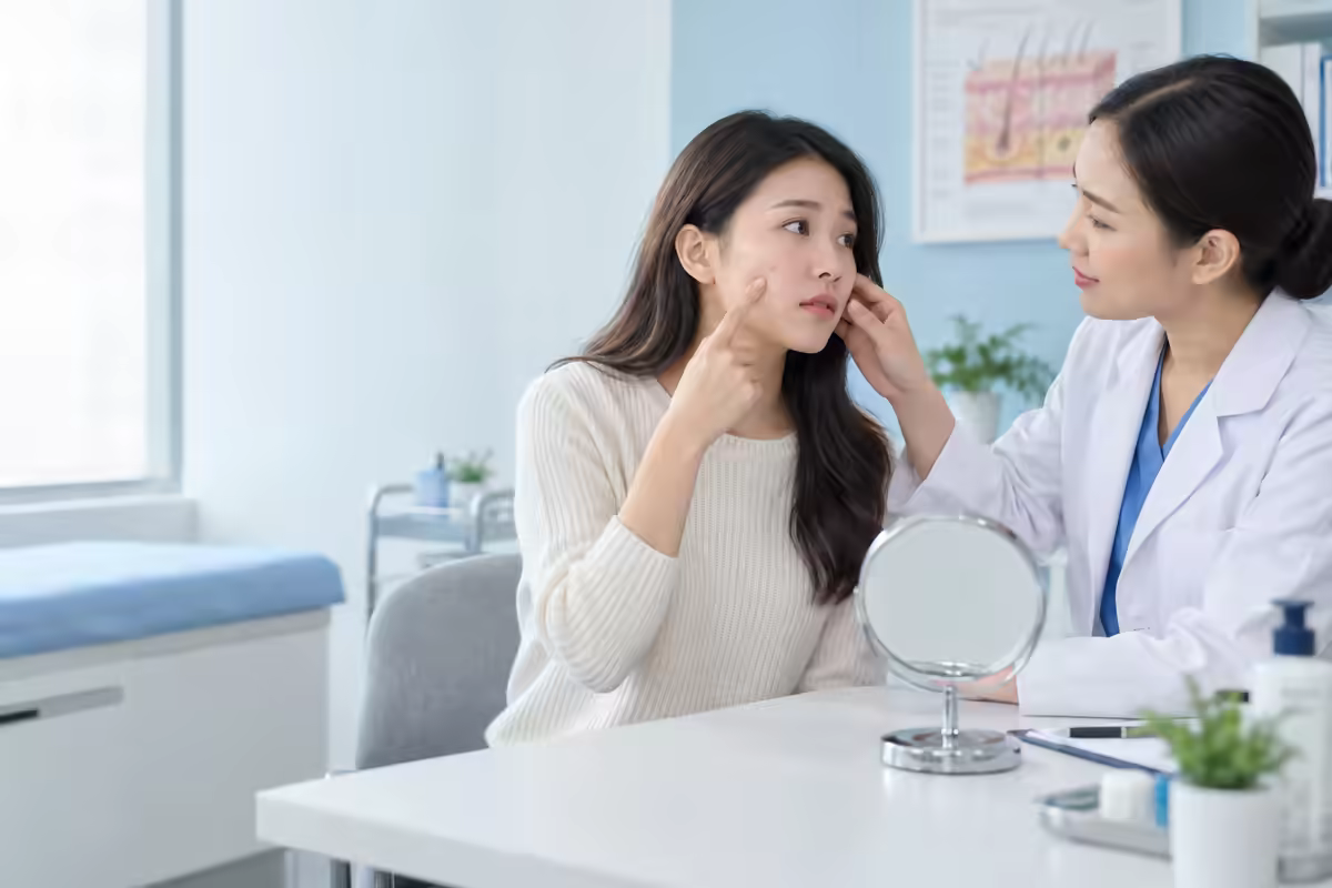 Bác sĩ da liễu kiểm tra vùng mụn viêm và hướng dẫn không tự nặn
