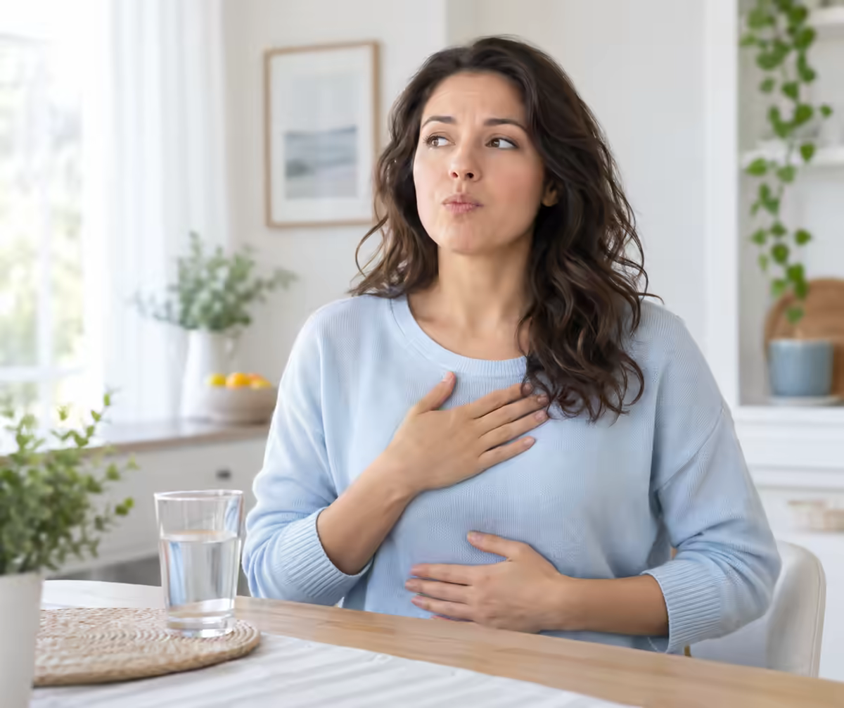 Người lớn bị nấc cụt, đặt tay lên vùng ngực và bụng trên