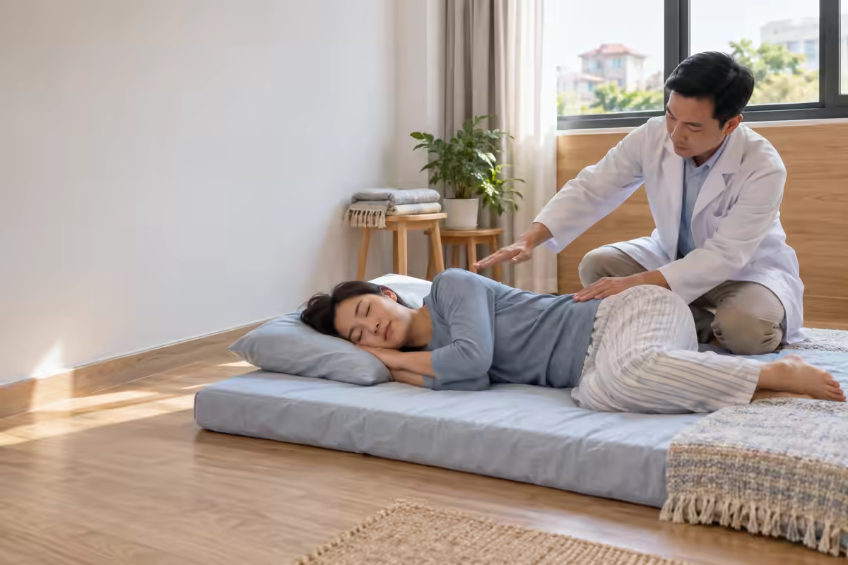 Người trưởng thành nghỉ trên nệm thấp đặt dưới sàn và được hướng dẫn tư thế đúng