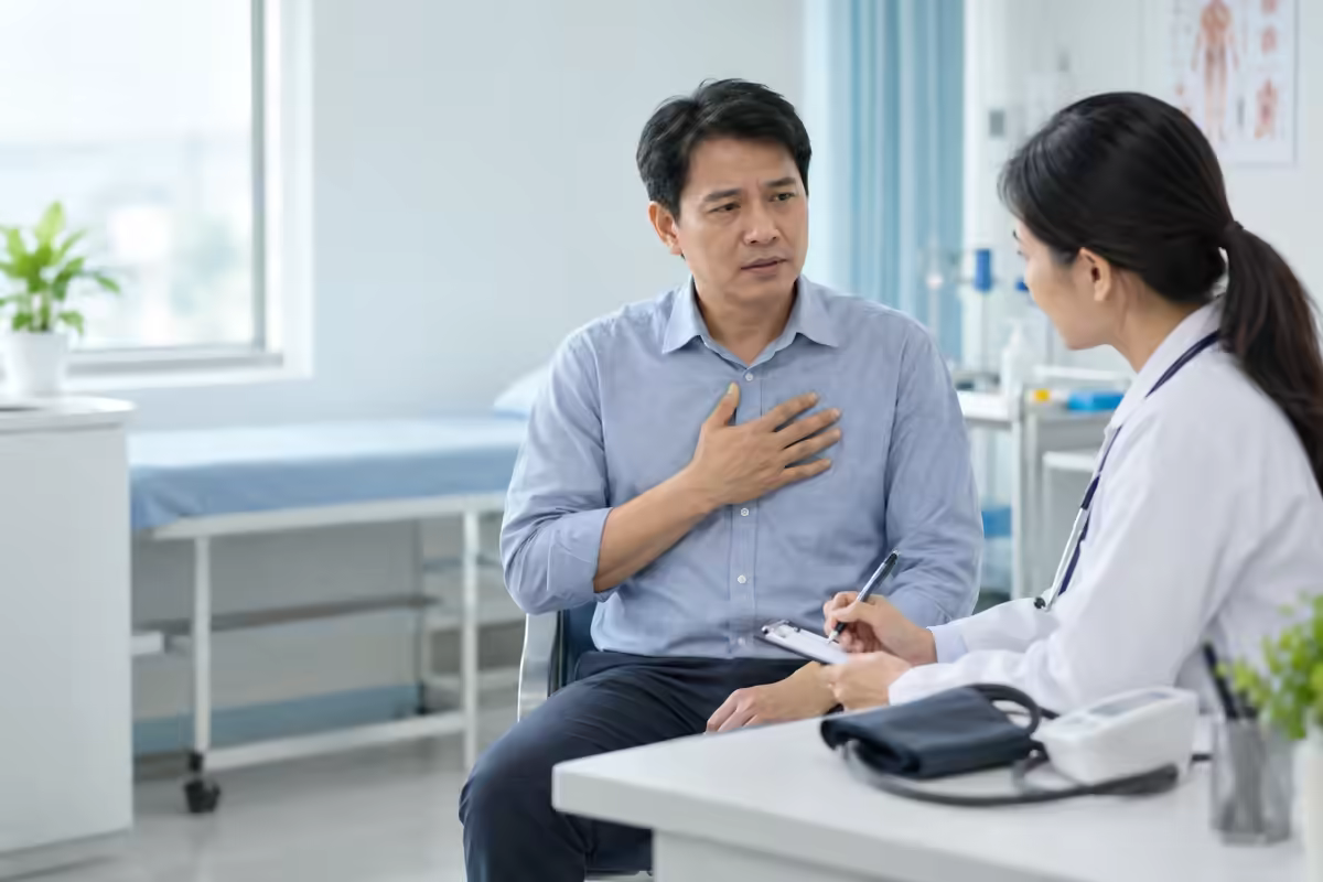 Người bệnh trao đổi với bác sĩ khi có cảm giác nén ngực