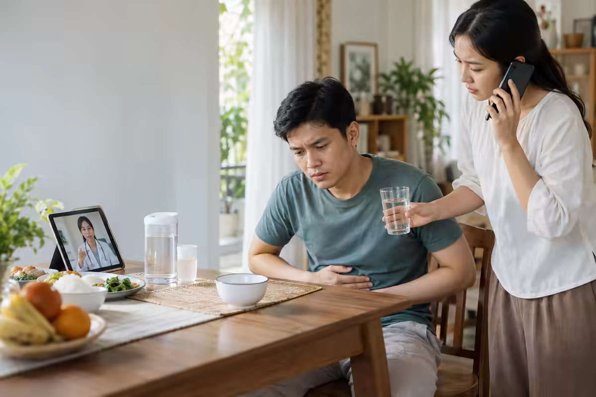 Người bệnh ngồi nghỉ và bù nước khi có triệu chứng nghi ngộ độc thực phẩm
