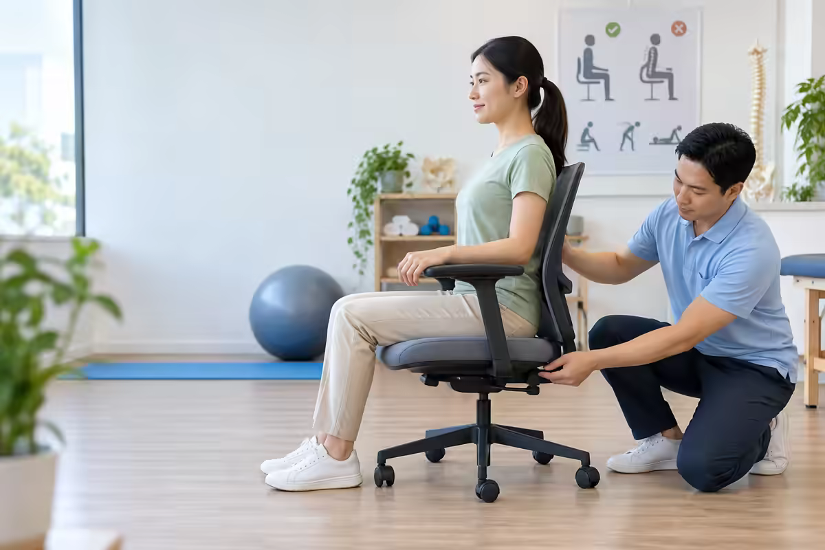 Chuyên viên vật lý trị liệu hướng dẫn điều chỉnh tư thế ngồi giảm đau xương mông