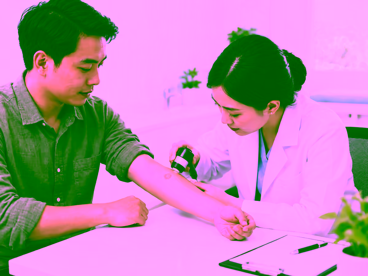 Bác sĩ da liễu kiểm tra dấu hiệu lác đồng tiền trên da