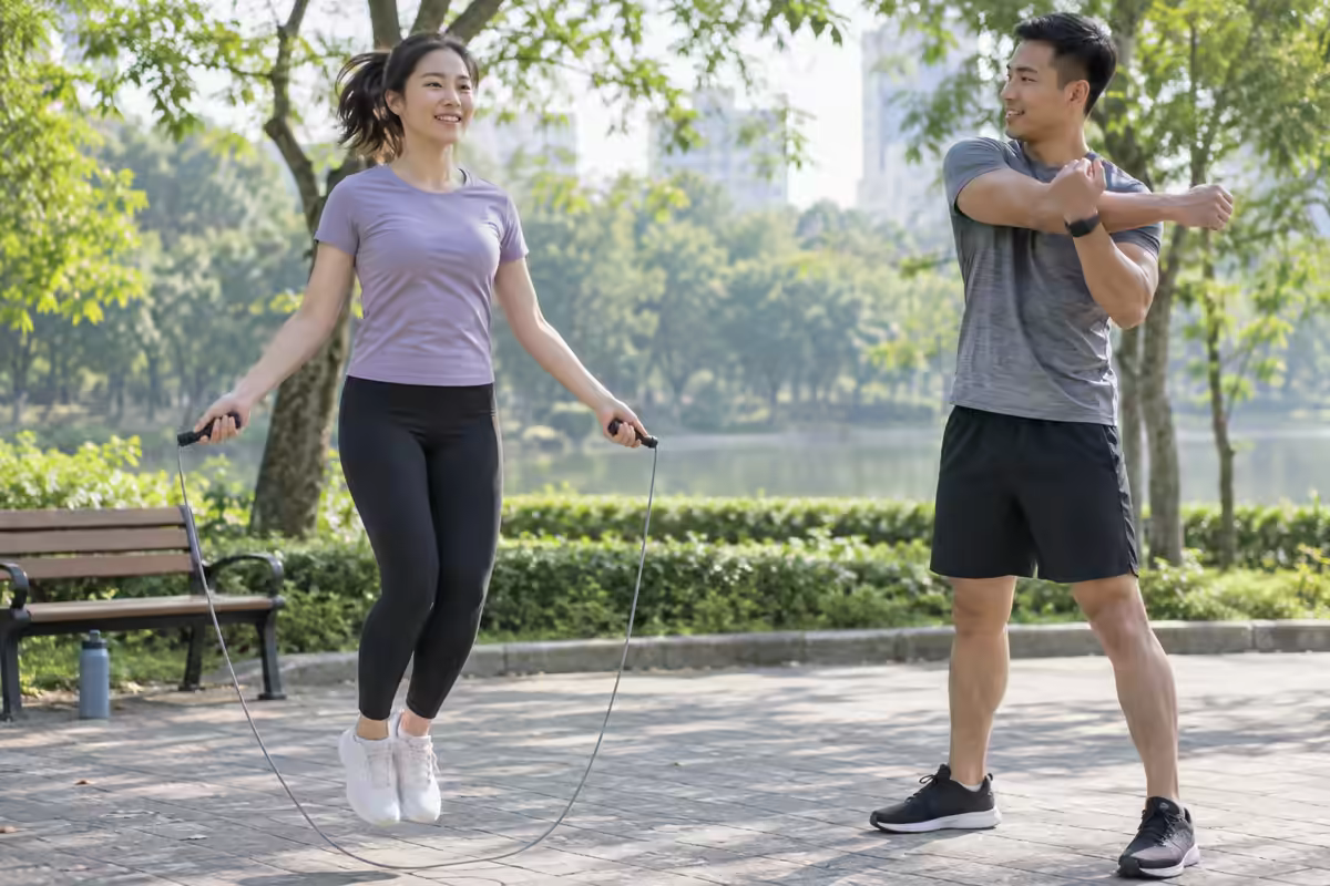 Nhảy dây giảm mỡ mặt – người tập luyện cardio ngoài trời đúng kỹ thuật