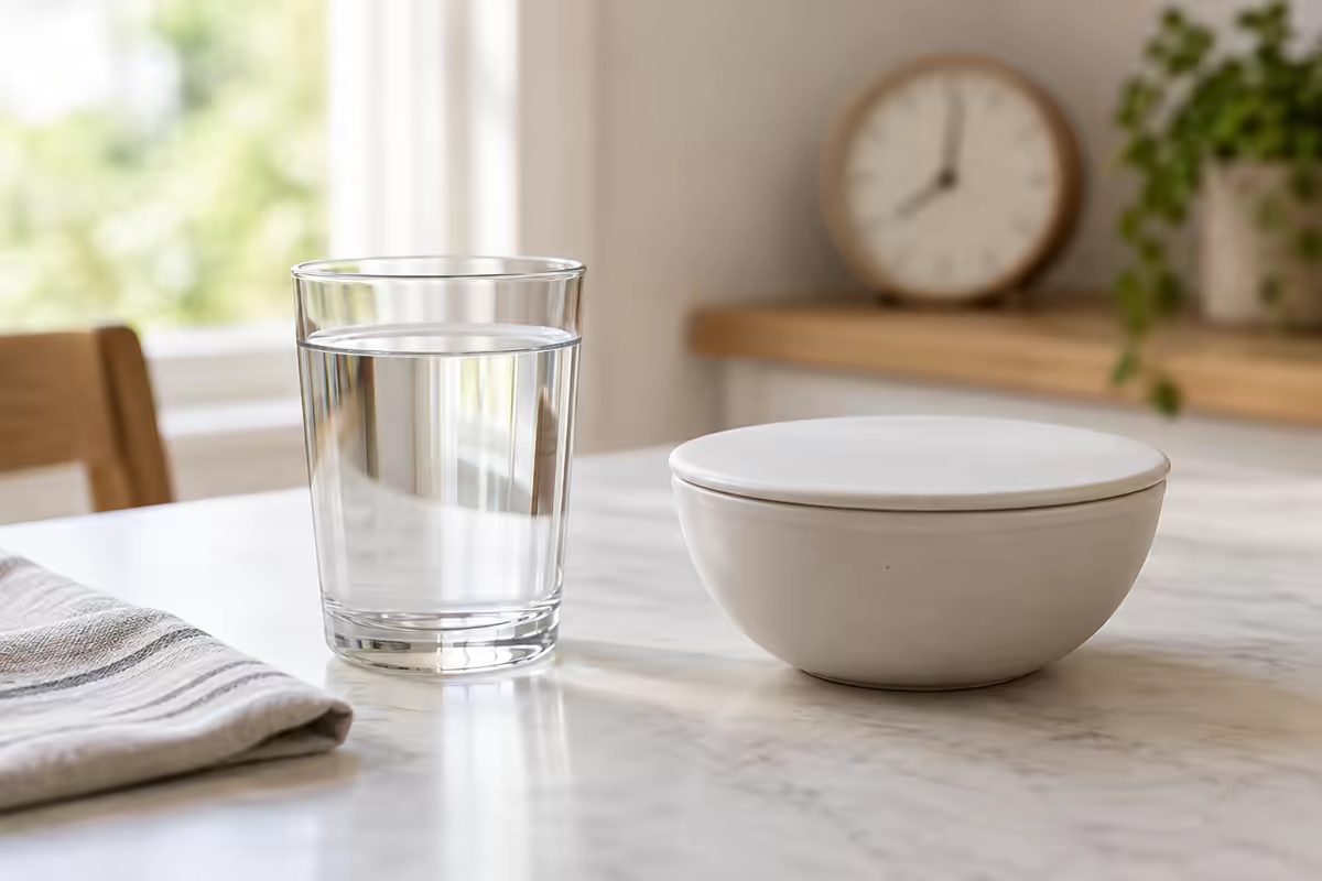 Ly nước và bát trống trong bối cảnh nhịn ăn