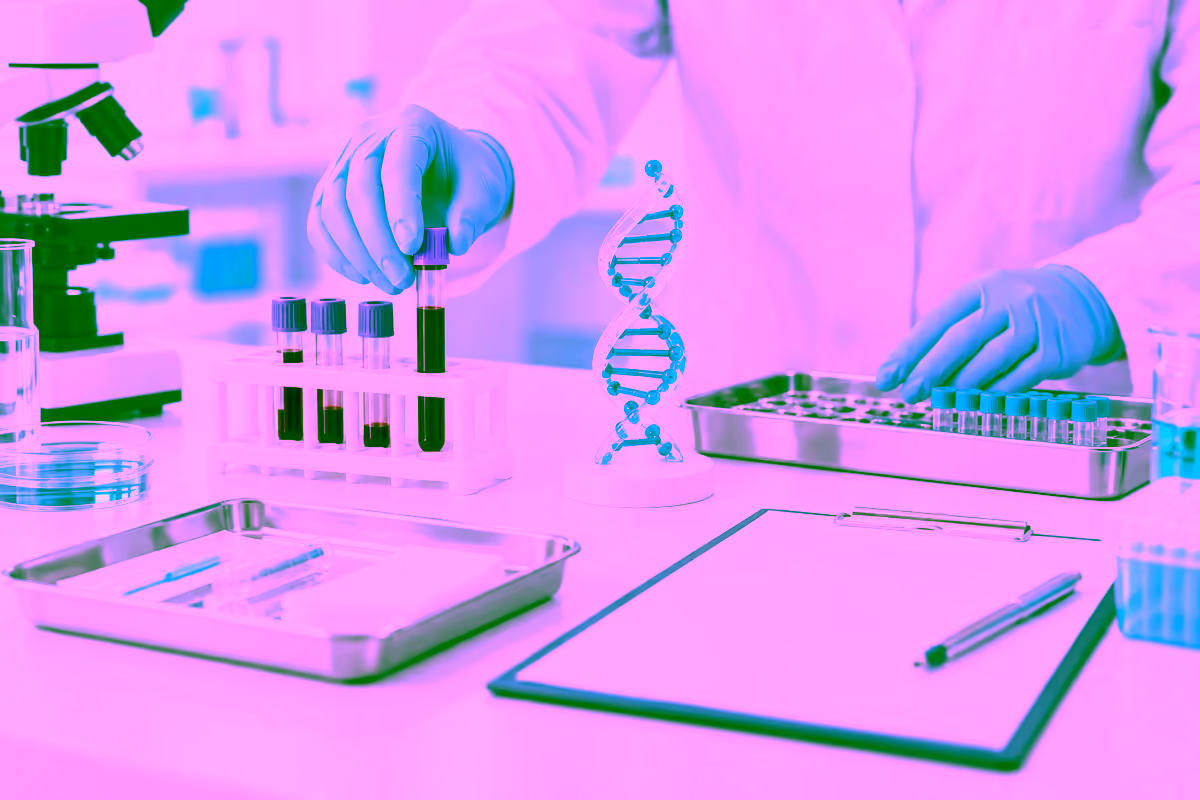 Mẫu máu và mô hình DNA trong xét nghiệm di truyền