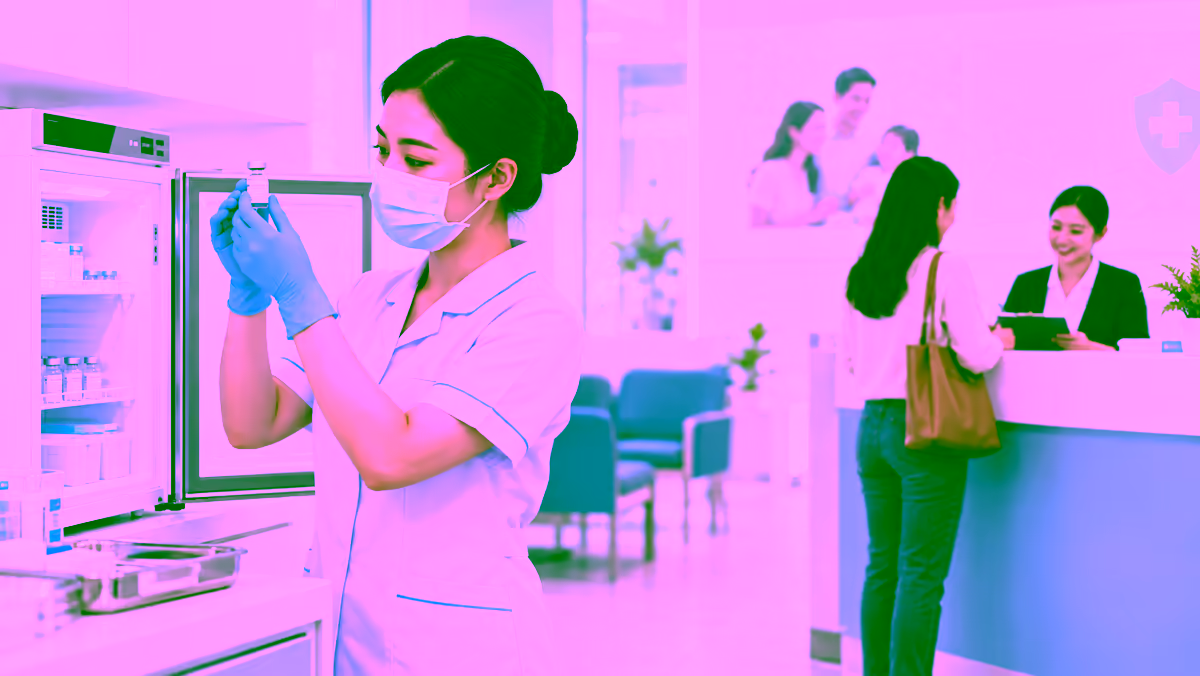 Nhân viên y tế kiểm tra vắc xin MenQuadfi tại trung tâm tiêm chủng