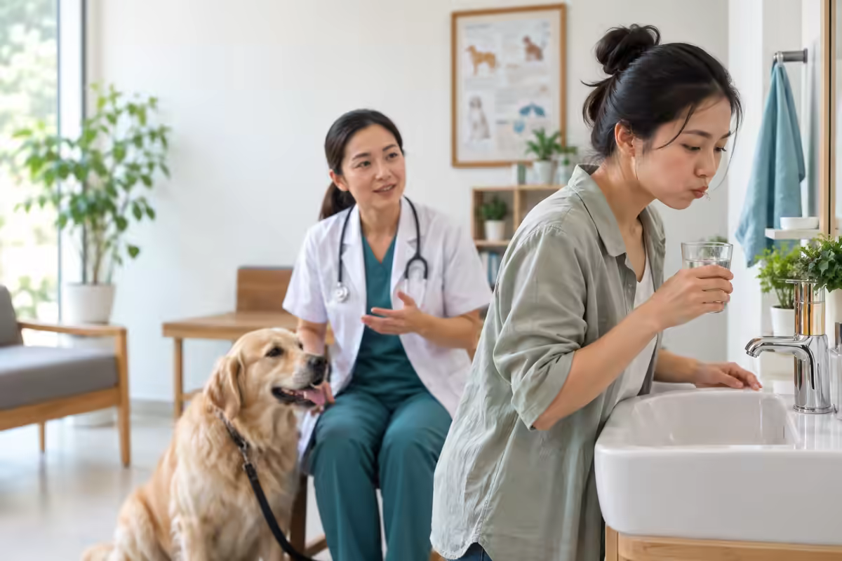 Người nuôi chó súc miệng và được tư vấn cách xử trí khi nước bọt bắn vào miệng