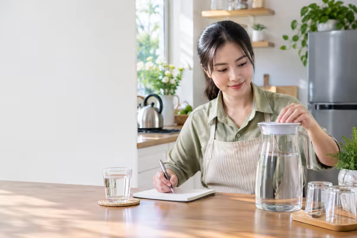 Người phụ nữ bảo quản bình nước đun sôi để nguội có nắp đậy