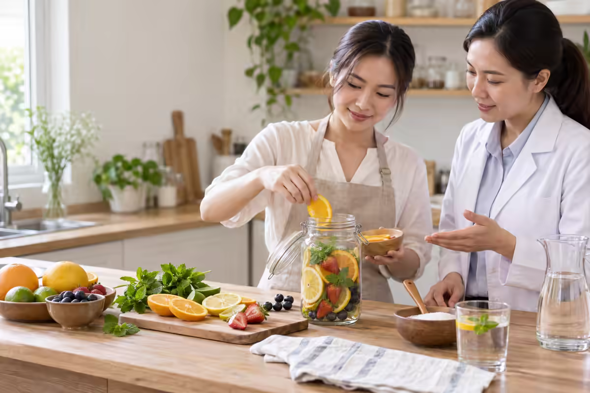 Người dùng chuẩn bị nước trái cây ngâm cùng dược sĩ để bảo đảm an toàn