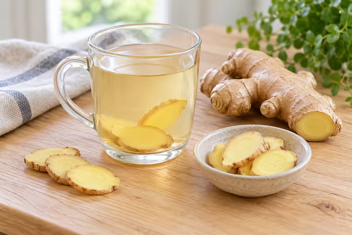 Cốc nước gừng và lát gừng tươi