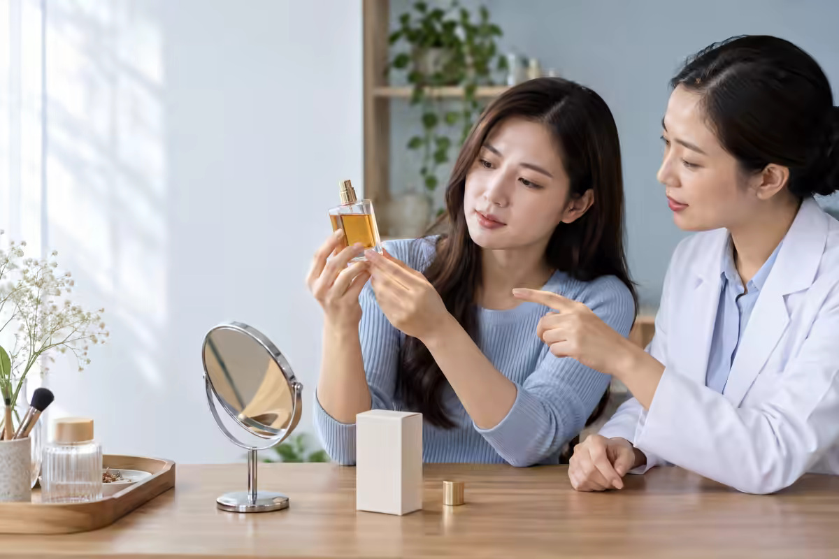 Người dùng kiểm tra chai nước hoa và được dược sĩ tư vấn dấu hiệu hết hạn