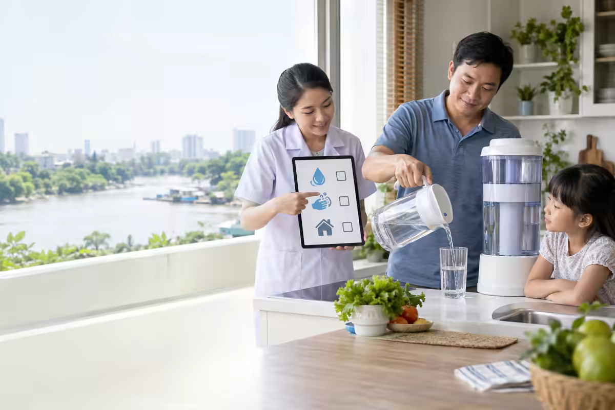 Gia đình dùng máy lọc nước và được hướng dẫn bảo đảm nguồn nước an toàn