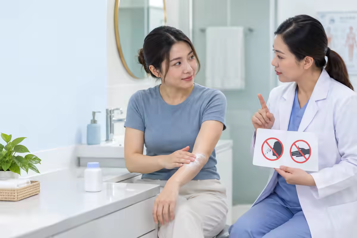 Người lớn được bác sĩ da liễu hướng dẫn dùng phấn rôm an toàn cho da