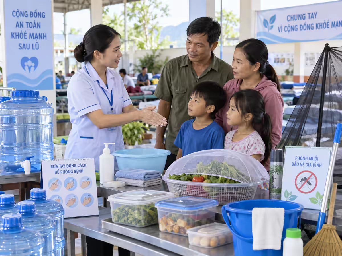 Nhân viên y tế hướng dẫn phòng dịch sau lũ lụt
