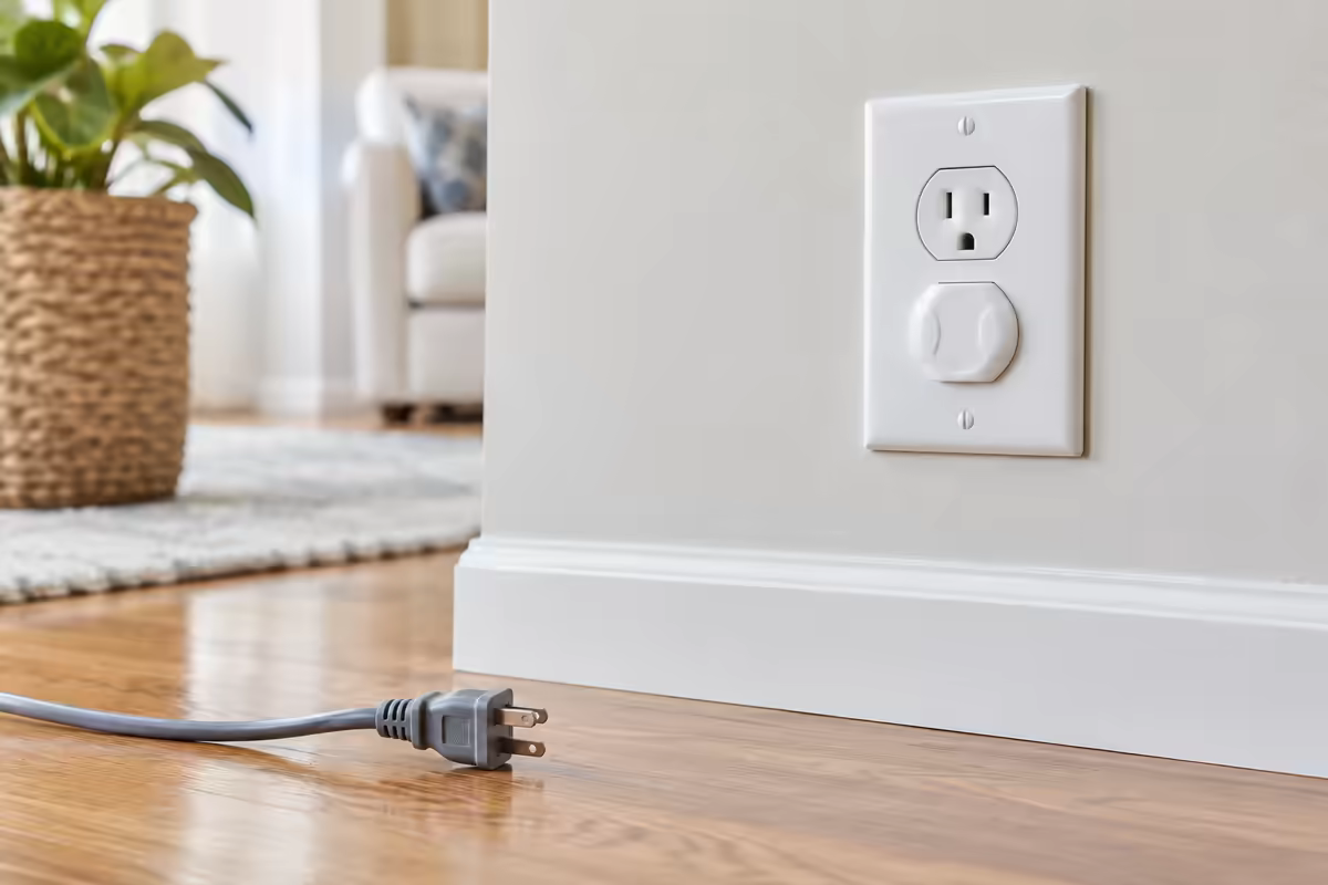 Ổ điện có nắp bảo vệ và dây điện đã rút phích cắm