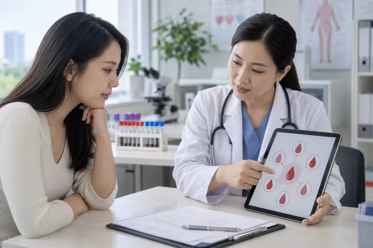 Phụ nữ nhóm máu B – người bệnh trao đổi kết quả nhóm máu và sức khỏe với bác sĩ