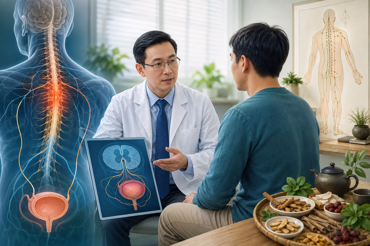Minh họa viêm tủy ngang ảnh hưởng đường dẫn truyền thần kinh kiểm soát bàng quang và tư vấn điều trị phối hợp