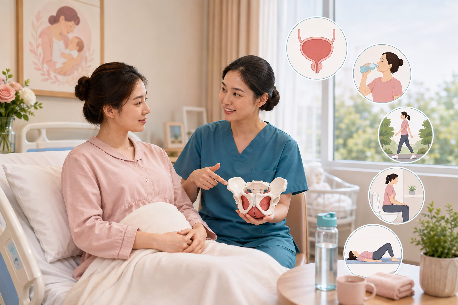 Nhân viên y tế hướng dẫn uống đủ nước, vận động và phục hồi sàn chậu để phòng bí tiểu sau sinh