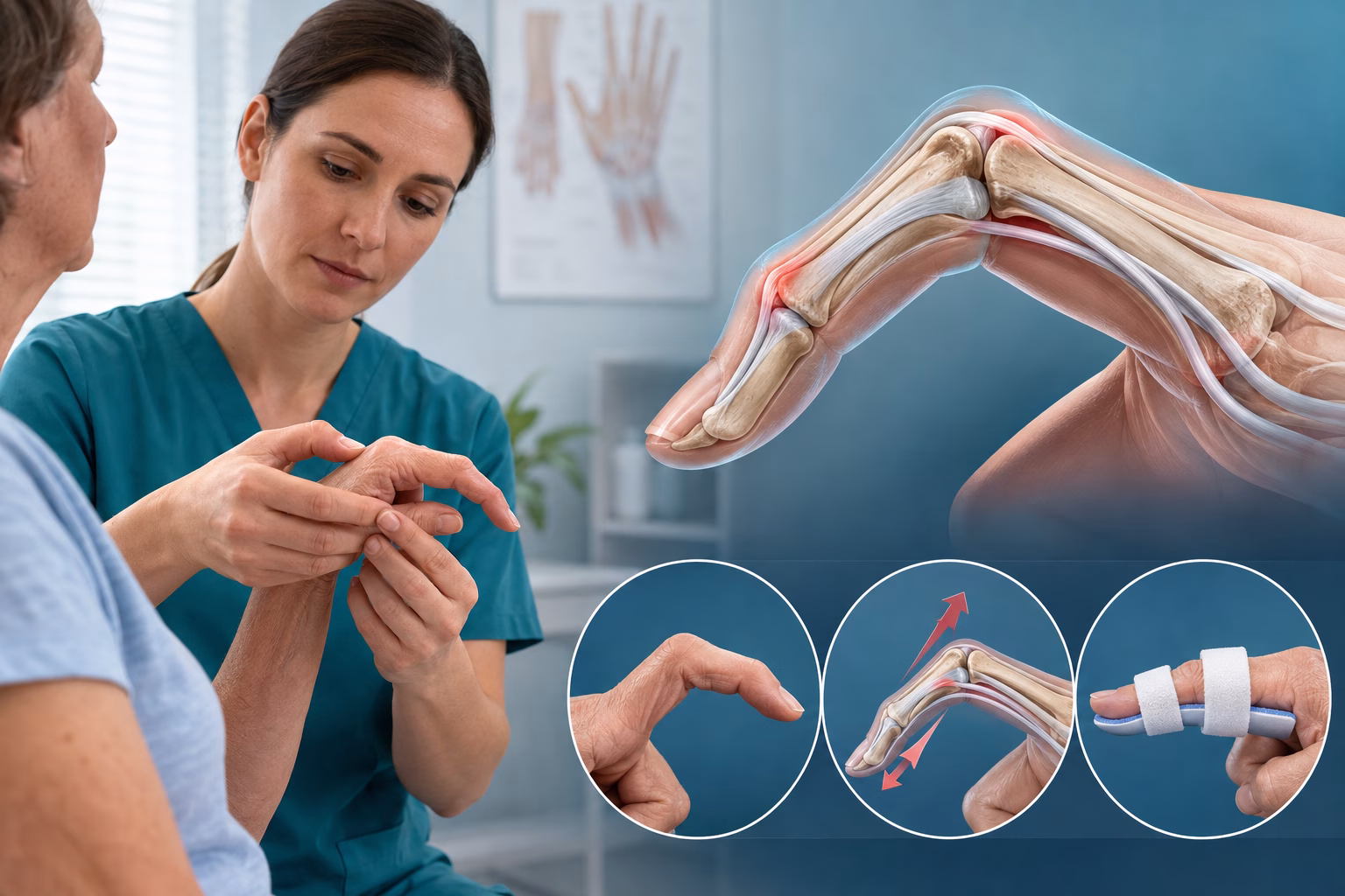 Minh họa biến dạng cổ thiên nga ở ngón tay và đánh giá khớp, gân tại phòng khám bàn tay