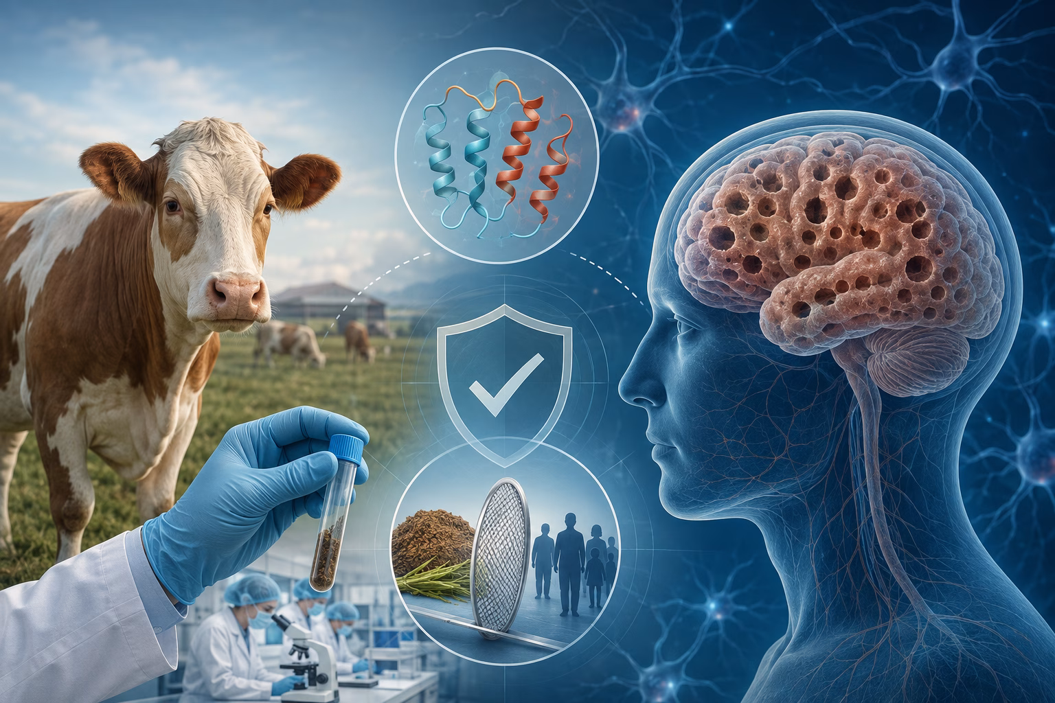 Minh họa bệnh bò điên, protein prion bất thường và tổn thương dạng xốp ở não người