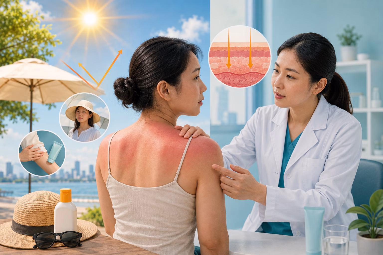 Bác sĩ đánh giá vùng da bỏng nắng và hướng dẫn che chắn, chống tia UV