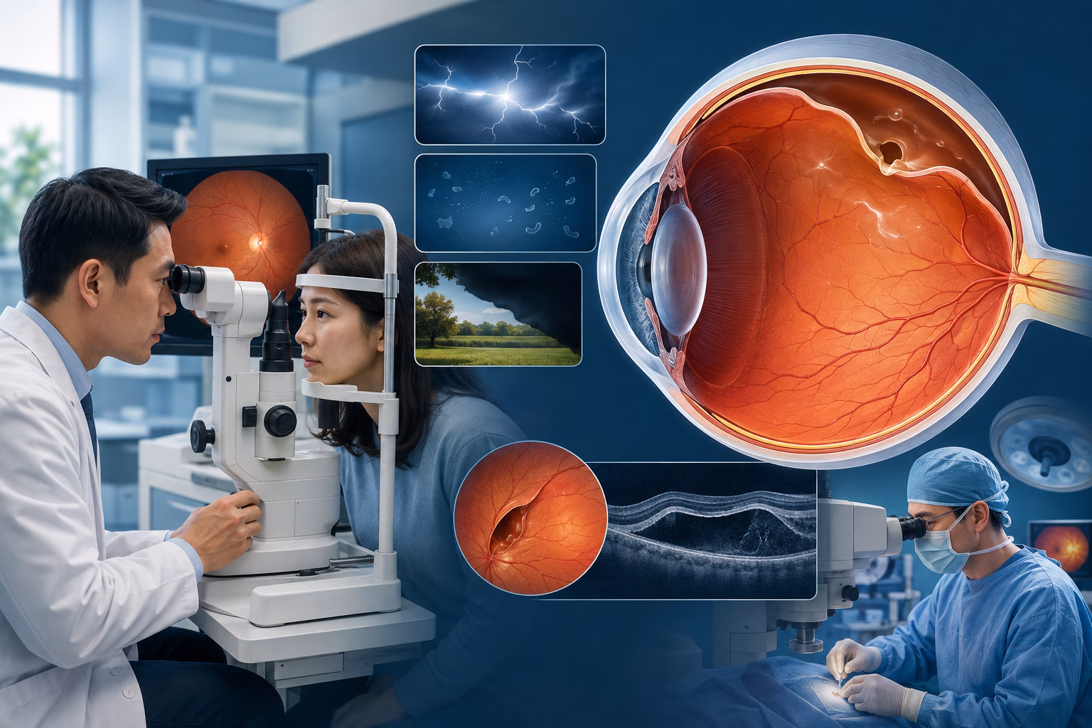Bác sĩ khám mắt và minh họa võng mạc bị tách khỏi lớp mô phía sau
