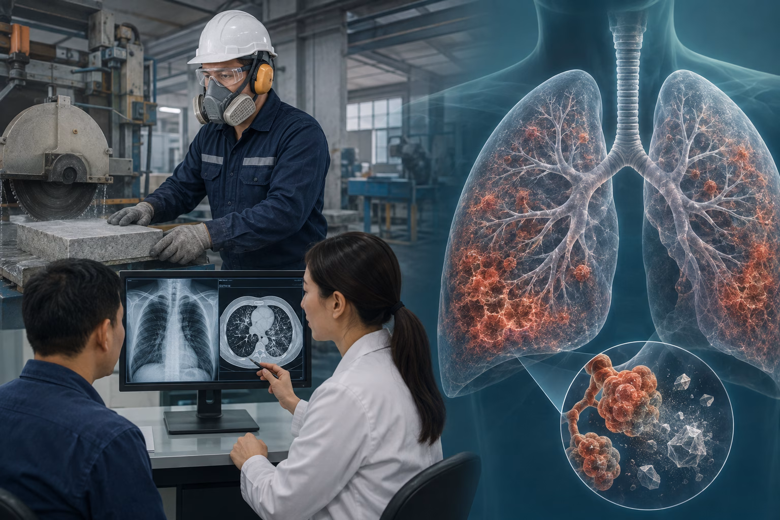 Công nhân đeo thiết bị bảo hộ và bác sĩ đánh giá tổn thương phổi do bụi silic
