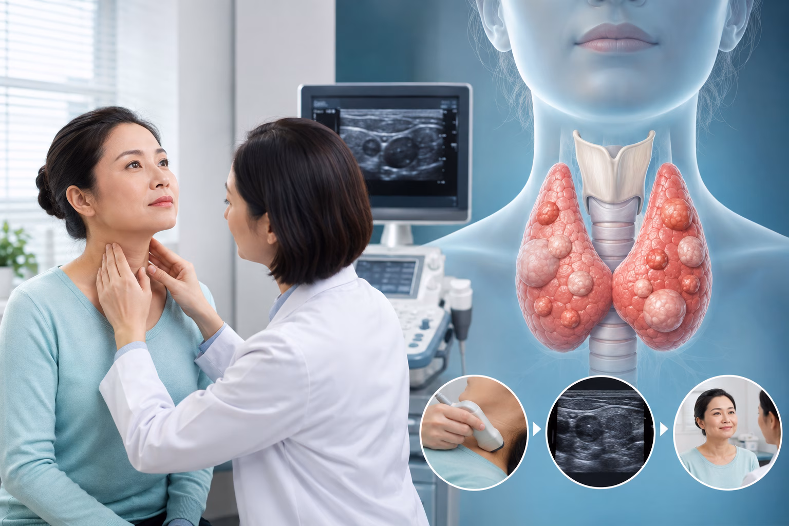 Minh họa bướu giáp đa nhân ở cả hai thùy và siêu âm tuyến giáp trong phòng khám nội tiết