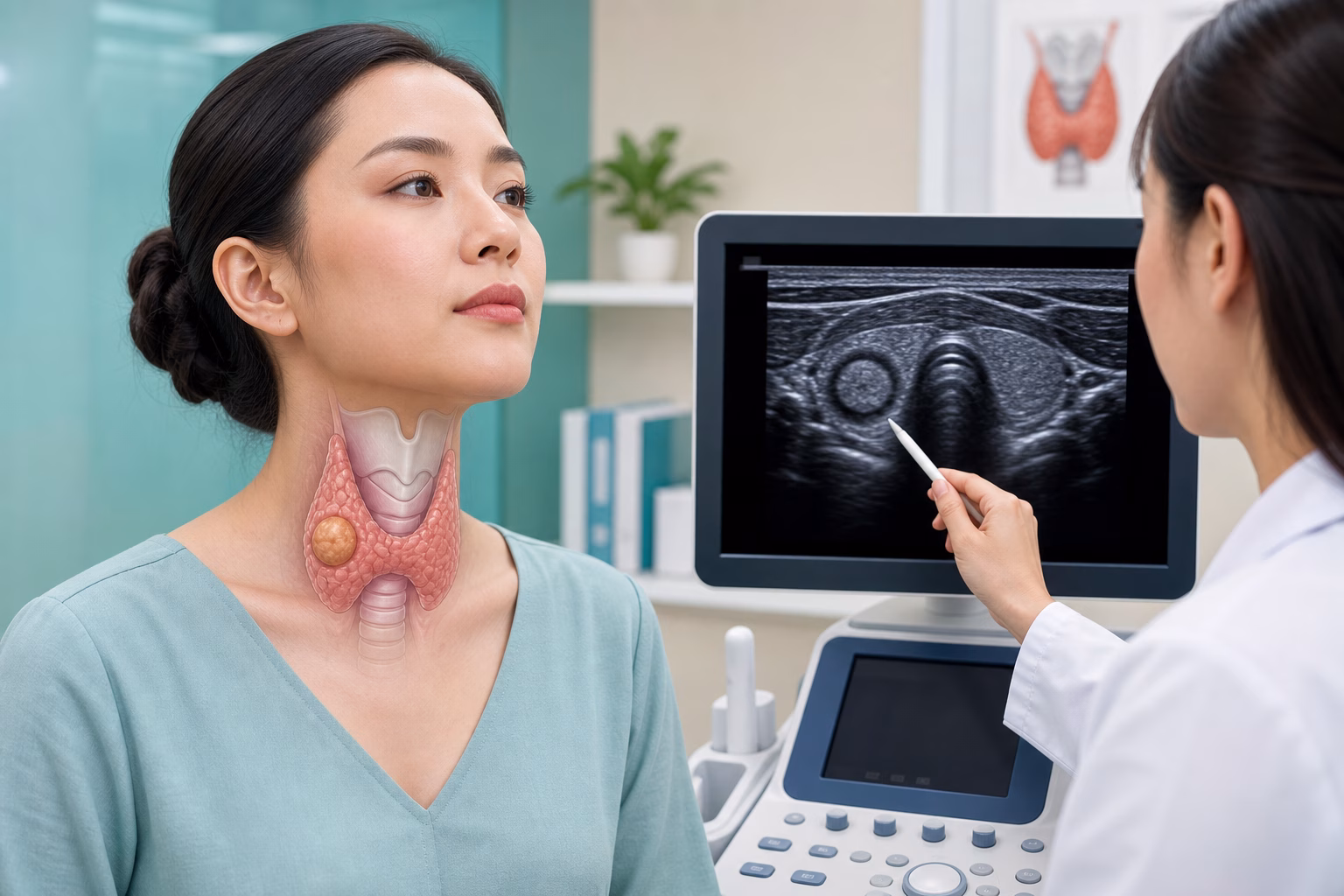 Minh họa bướu giáp nhân ở thùy phải tuyến giáp và siêu âm kiểm tra trong phòng khám nội tiết