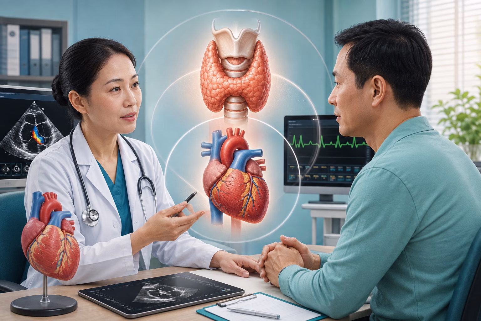 Bác sĩ nội tiết tư vấn ảnh hưởng của bướu giáp đến tim mạch cùng hình ảnh tuyến giáp và điện tâm đồ
