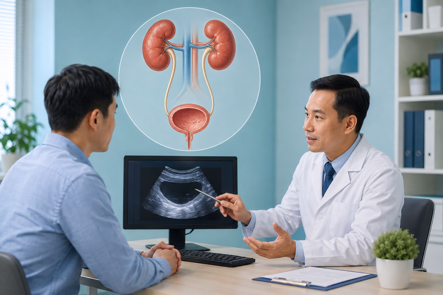 Bác sĩ tiết niệu tư vấn rối loạn tiểu tiện cùng hình ảnh thận bàng quang và siêu âm