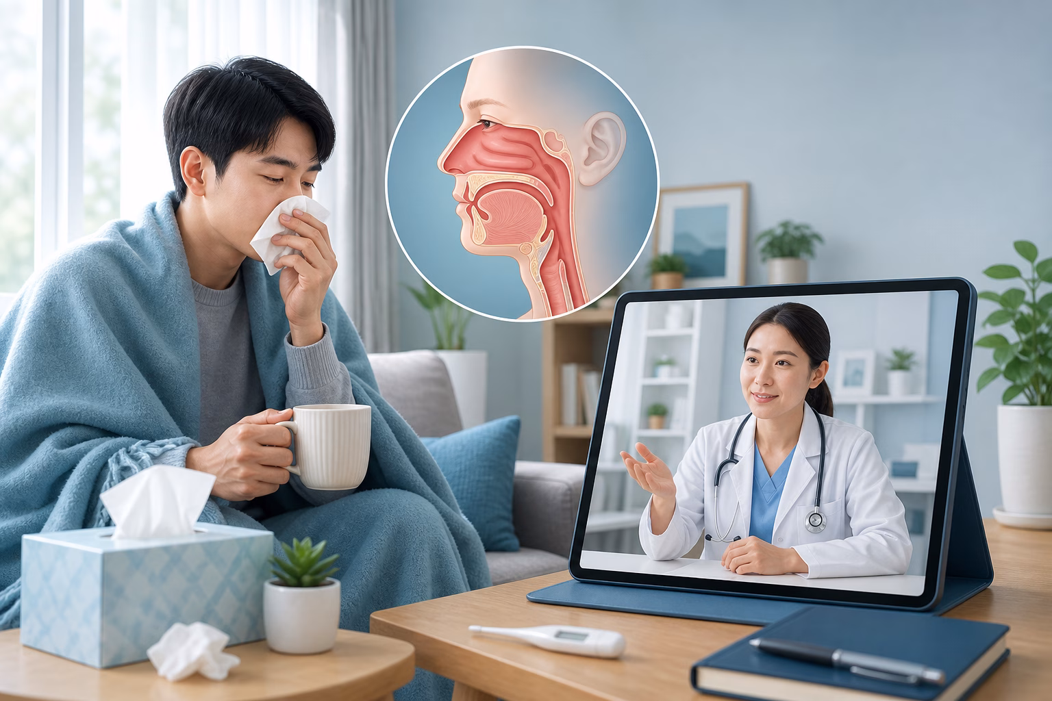 Người bệnh cảm lạnh nghỉ ngơi uống nước ấm và được bác sĩ tư vấn sức khỏe hô hấp