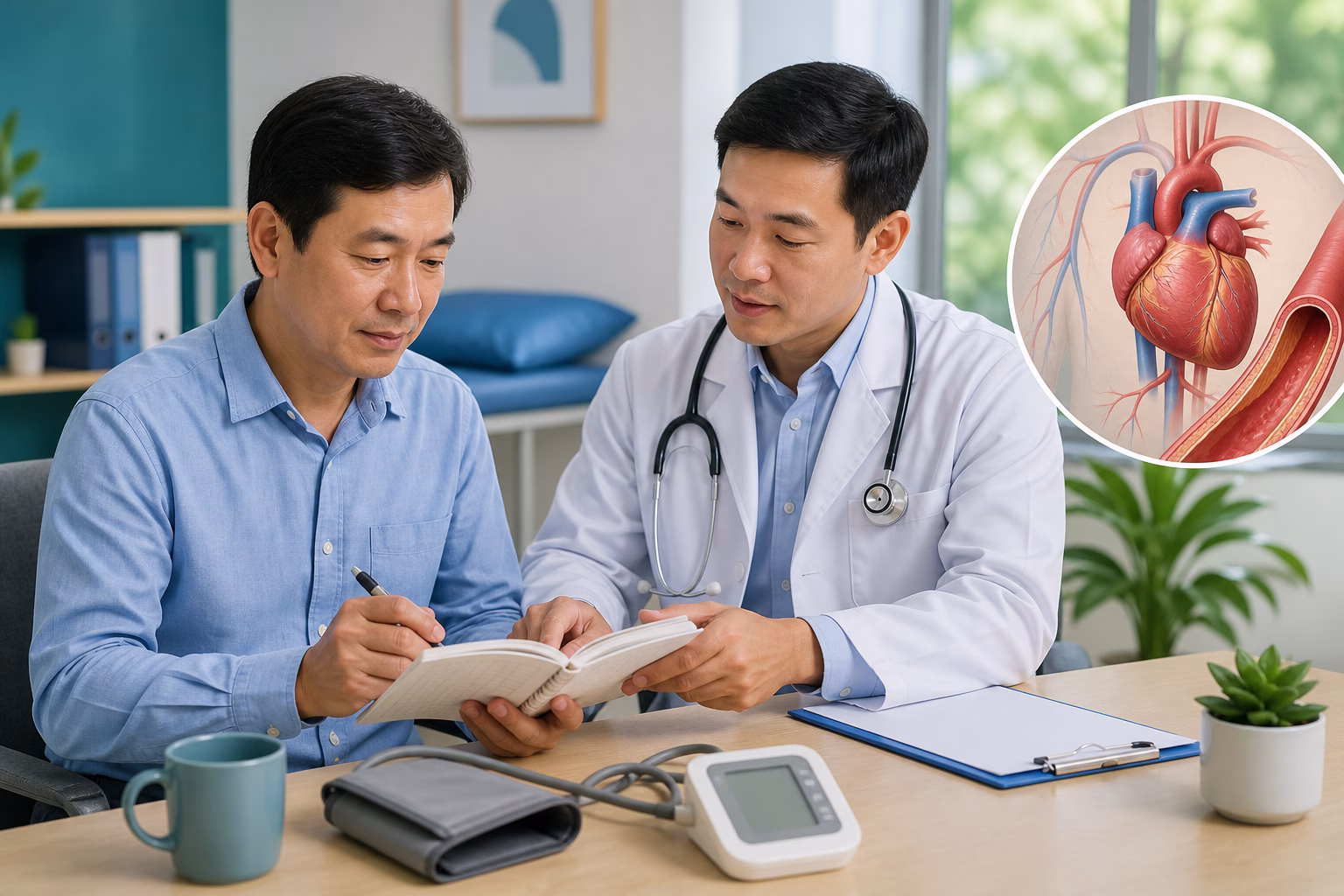 Người bệnh ghi lại huyết áp tại nhà và bác sĩ tư vấn kiểm soát cao huyết áp vô căn